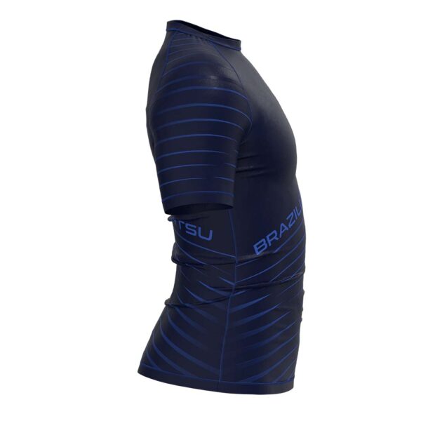 Front view of the Blue Stripeless Grappling Rash Guard, short sleeve, designed for BJJ and jiu jitsu.