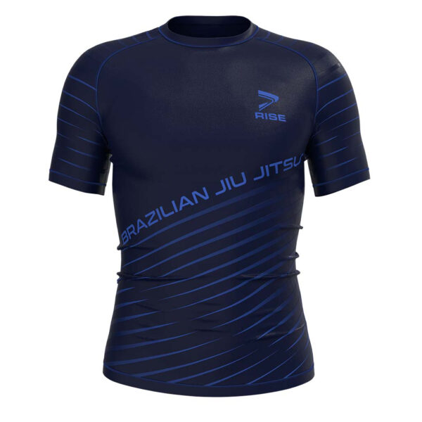 Front view of the BLUE STRIPELESS GRAPPLING RASHGUARD, short sleeve, designed for jiu jitsu and grappling.